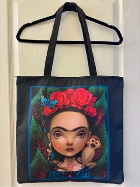 Black Tote Bag with Vibrant Floral Art Print (NWOT) ** Frida Kahlo** zip-top